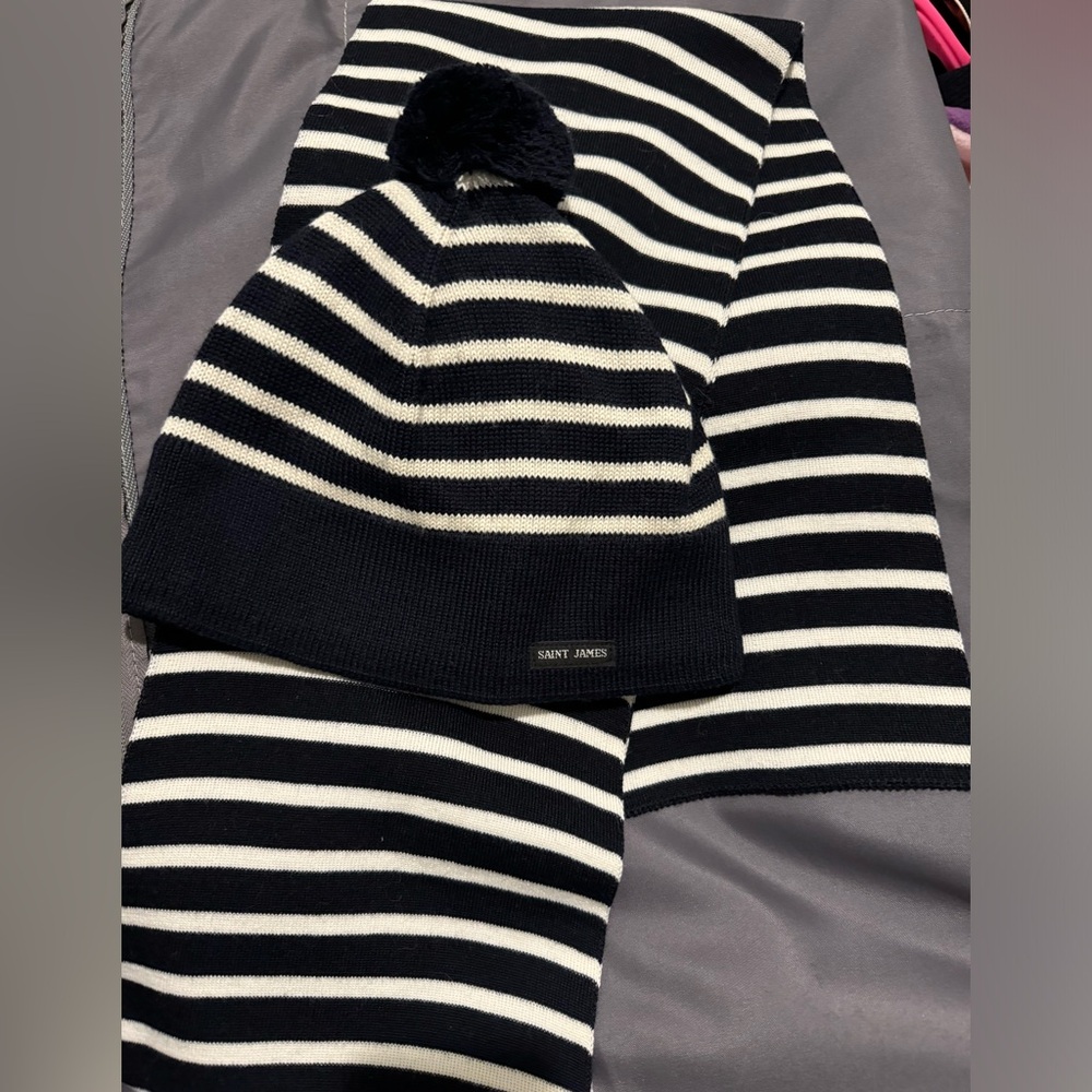 Saint James Blue and White Striped Beanie and Scarf Set